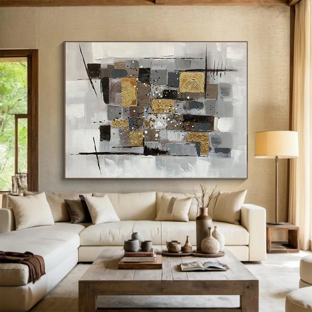 Big Size Gray, Gold and Black Abstract Geometric Painting WB091