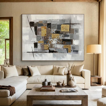Big Size Gray, Gold and Black Abstract Geometric Painting WB091