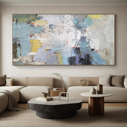 Hand-Painted Blue, Yellow & Gray Textured Abstract, Modern Art Acrylic HS256