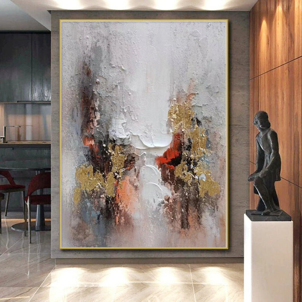 Hand-Painted Gray, White, Gold, and Red Abstract Textured Painting For Sale HS031