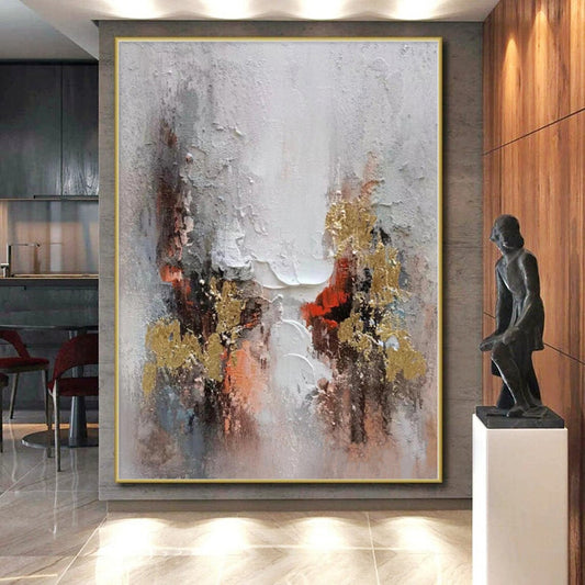 Hand-Painted Gray, White, Gold, and Red Abstract Textured Painting For Sale HS031