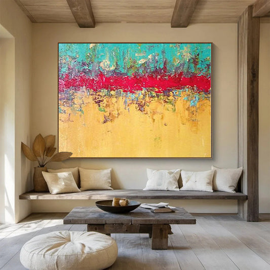 Huge Size Turquoise, Red and Yellow Abstract Textured Painting WB097
