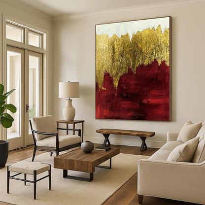 Hand-Painted Red and Gold Abstract Landscape Painting For Sale HS066