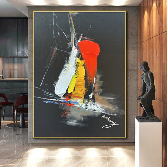 Hand-Painted Art with Red, Yellow, White and Black Colors, Dynamic Abstract Theme on Black Background HS478