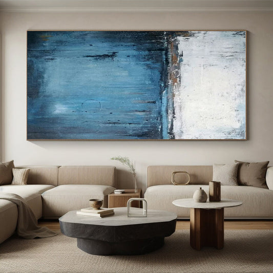 Large Contemporary Wall Art Blue and White Textured Abstract Landscape HS603