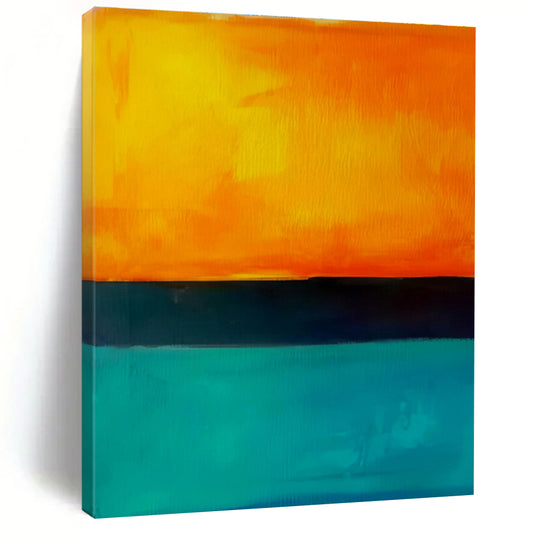 Orange, Teal, and Black Abstract Sunset Seaside Painting For Sale WS498