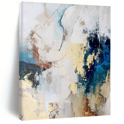 Hand-Painted Blue, Beige, and Gold Abstract Textured Painting For Sale HS011