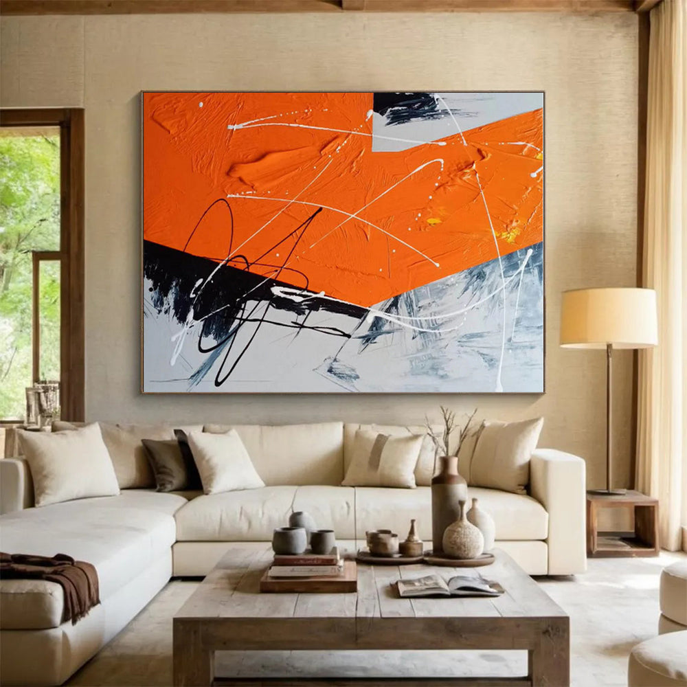 Oversized Abstract Wall Art Orange, Black & White Energetic Line Art HS409