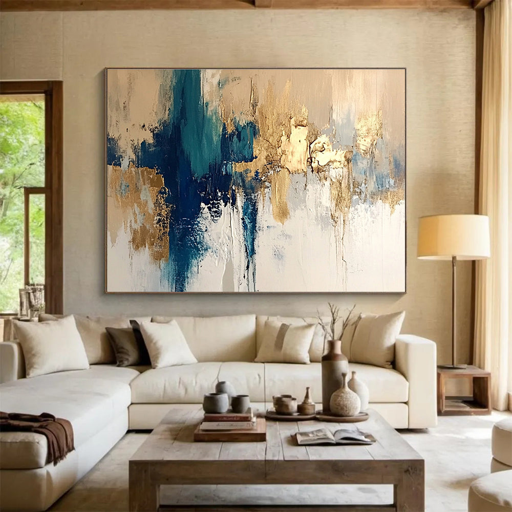 Extra Large Size Teal, Gold, and White Abstract Textured Art - Acrylic Painting WB275