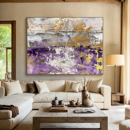 Unique Abstract Art Purple, Gold & Gray Textured Abstract, Acrylic Modern Art Painting HS234