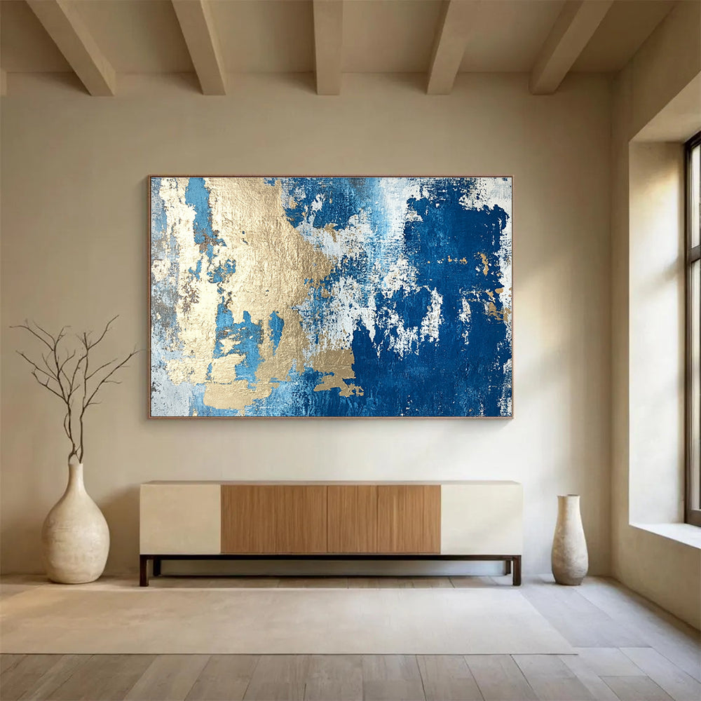 Big Size Blue, White, and Gold Textured Abstract Art WB262