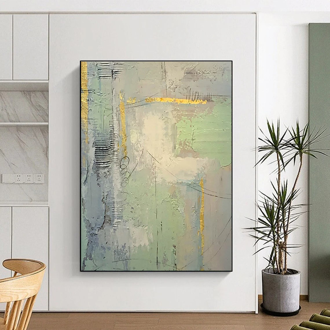Hand-Painted Green, Gray & Gold Textured Abstract, Acrylic Modern Art Painting HS426
