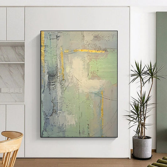 Hand-Painted Green, Gray & Gold Textured Abstract, Acrylic Modern Art Painting HS426