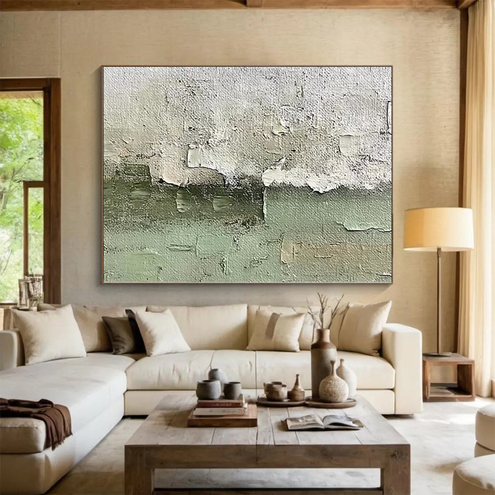 Hand-Painted Gray and Green Textured Abstract Painting For Sale HS010