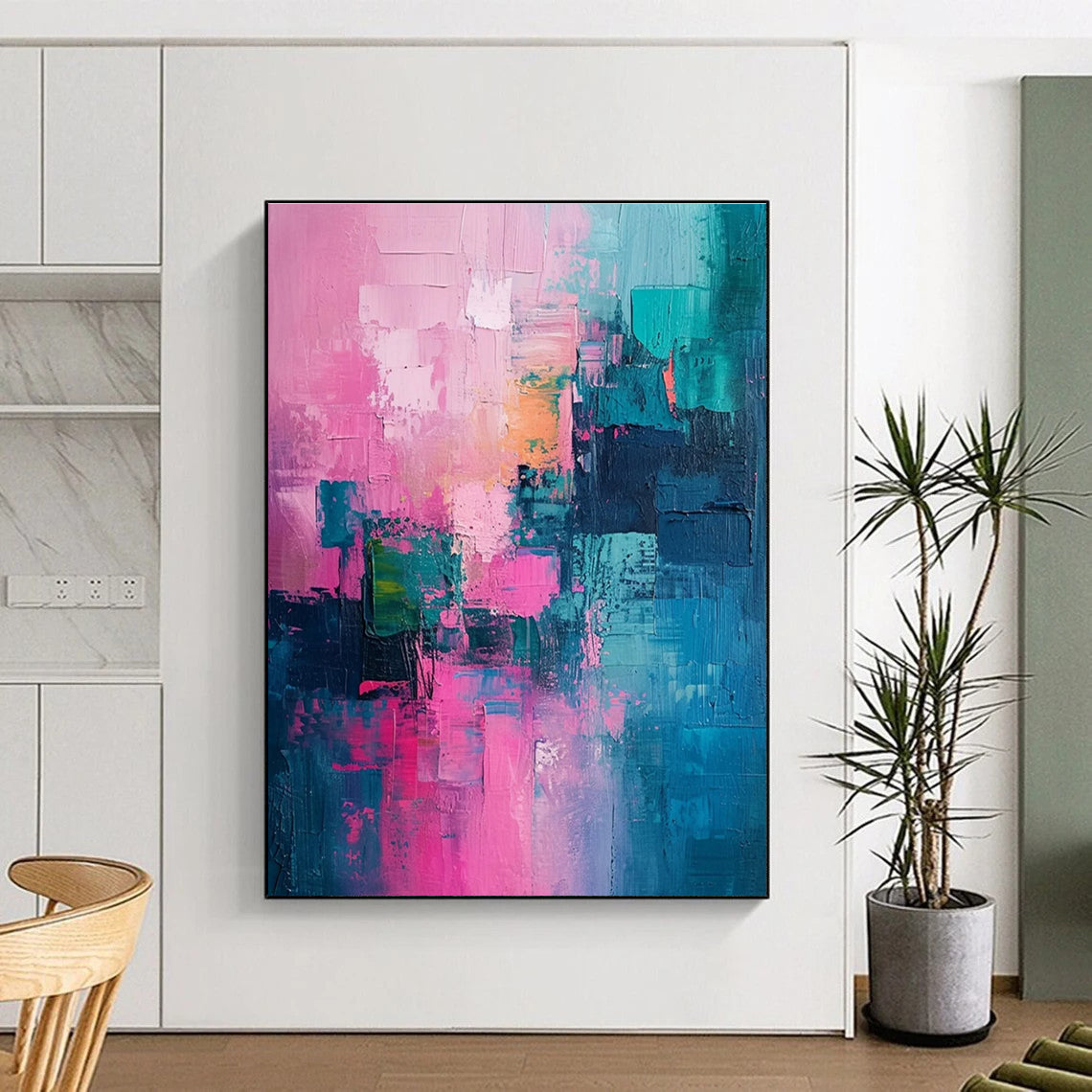 Hand Painted Art Pink & Teal Textured Blocks, Large Painting In Living Room HS225