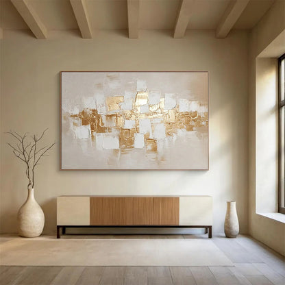 Hand Painted Art: Gold and Beige Textured Geometric Abstract Painting WB352