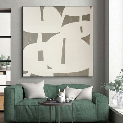 Hand-Painted White and Gray Abstract Geometric Shape Painting For Sale HS023