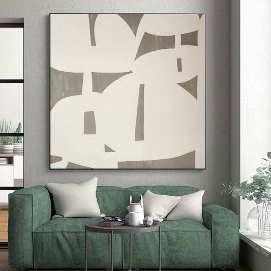 Hand-Painted White and Gray Abstract Geometric Shape Painting For Sale HS023