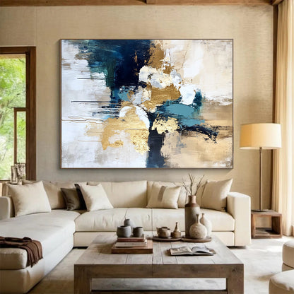 Large Contemporary Wall Art Multicolor Abstract Shape Painting with Gold Accents For Sale HS165