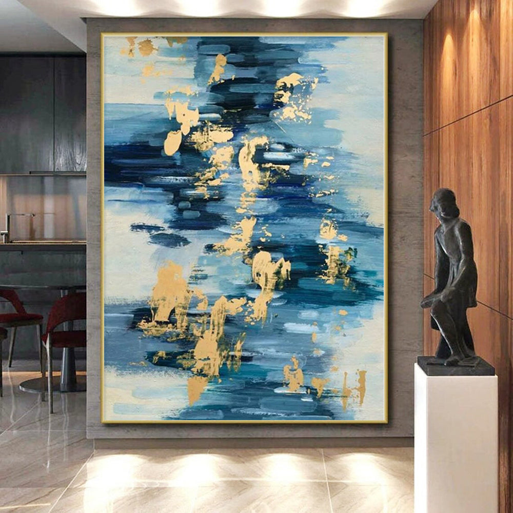 Hand-Painted Blue and Gold Abstract Water-like Textured Painting For Sale HS001