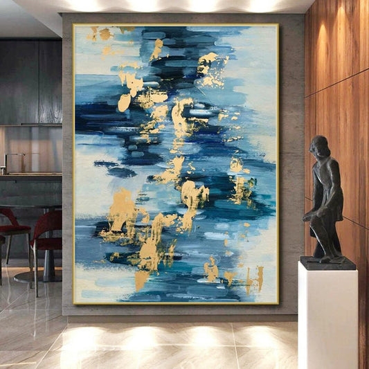 Hand-Painted Blue and Gold Abstract Water-like Textured Painting For Sale HS001