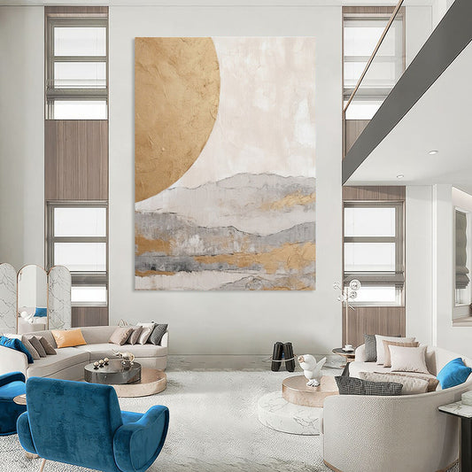 Gold, Gray, and Beige Abstract Mountain and Sun Painting For Sale Online WS486