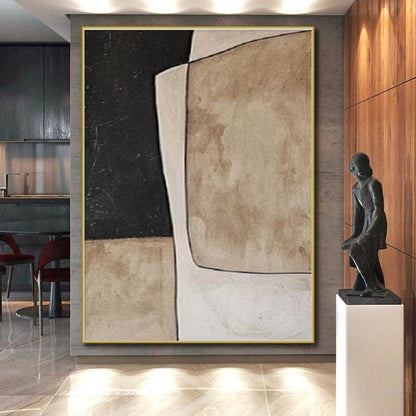 Handmade Art Black, Beige, and Brown Geometric Abstract Art HS672