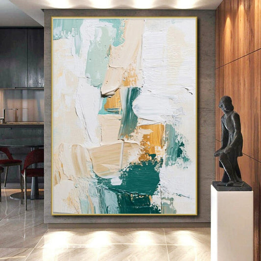 Acrylic Modern Art Paintings Teal, Beige, and Gold Textured Abstract Art HS742