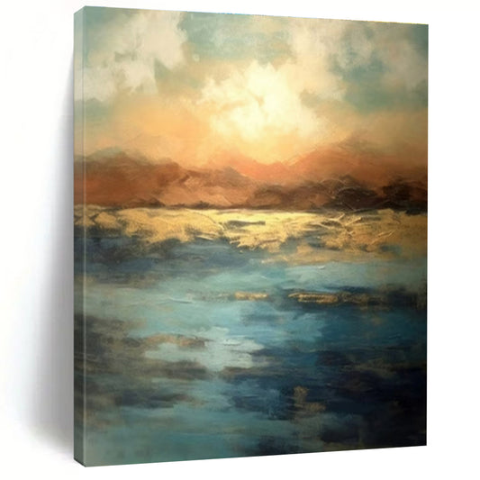 Blue, Gold, and Orange Abstract Seaside Sunset Painting For Sale Online WS491