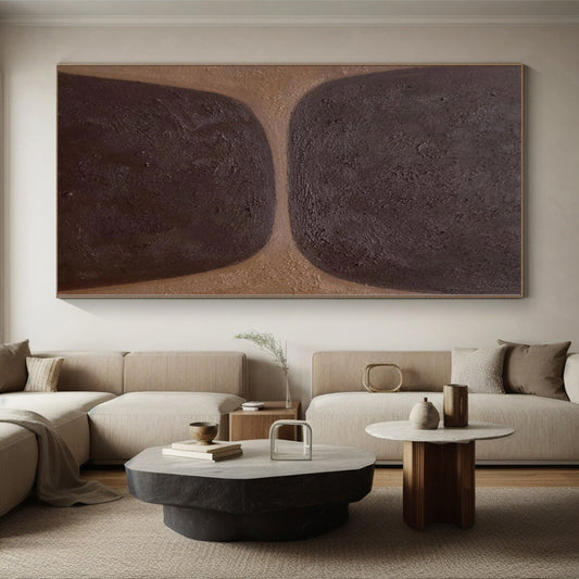 Hand-Painted Brown and Dark Brown Abstract Shape Painting For Sale HS032