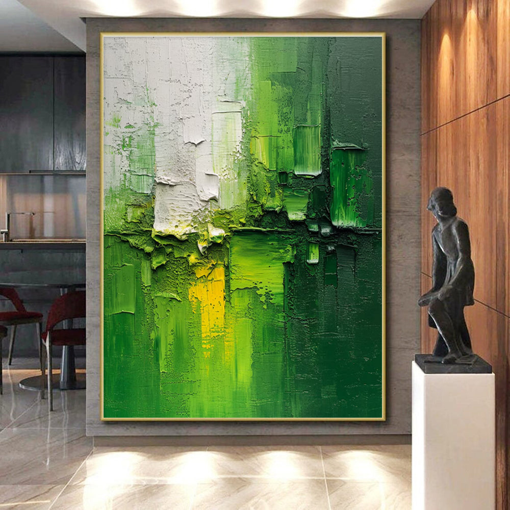 Hand-Painted Green & White Textured Abstract Art, Acrylic Modern Art Painting HS201