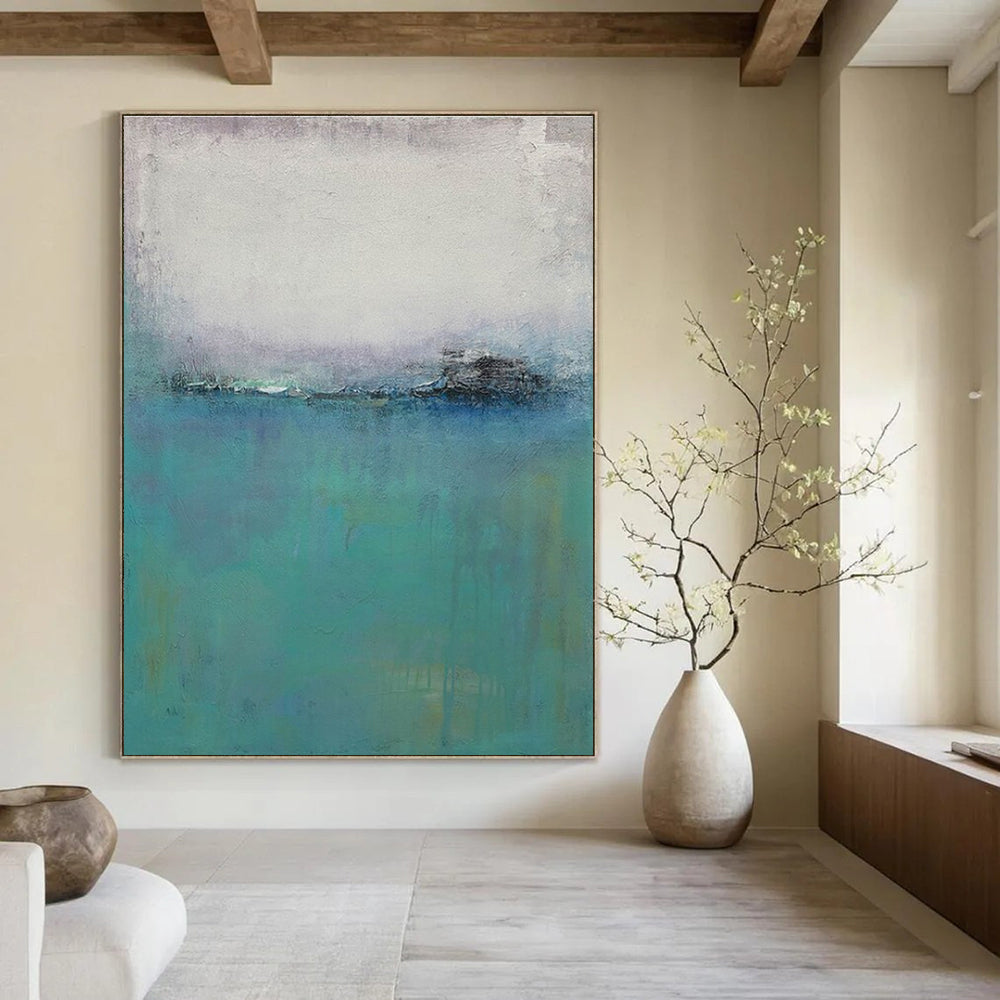 Turquoise, Gray, and White Misty Abstract Seaside Painting For Sale Online WS476