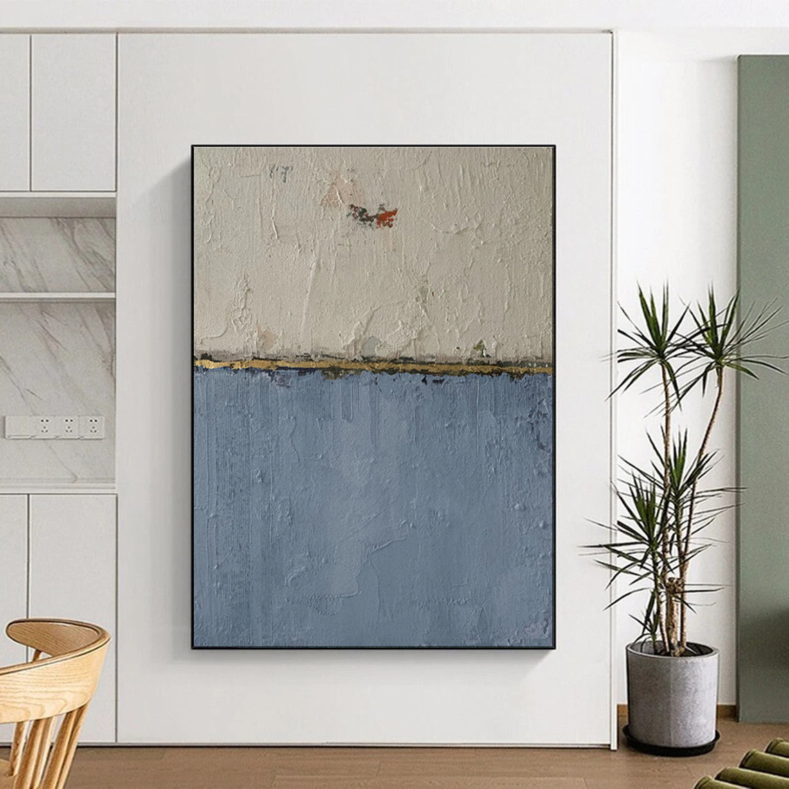 White, Blue, and Gold Textured Abstract Painting For Sale WS509