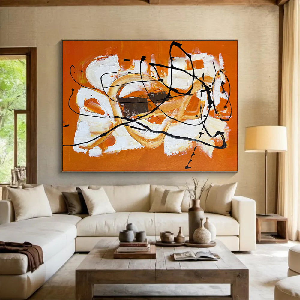 Hand-Painted Orange, White, and Black Abstract Expressive Painting For Sale HS050