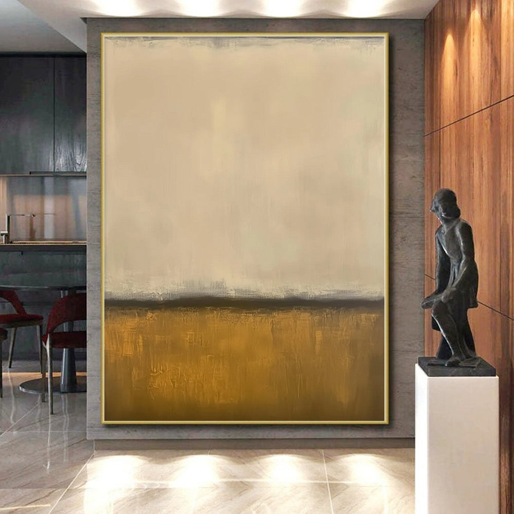 Hand-Painted Beige and Gold Abstract Minimalist Painting For Sale HS053