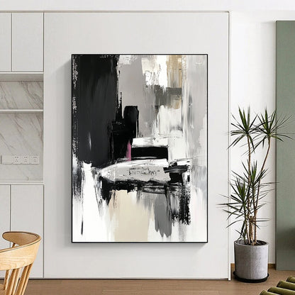 Hand-Painted Black, Gray, White, and Pink Abstract Textured Painting For Sale HS151