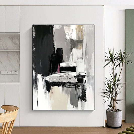 Hand-Painted Black, Gray, White, and Pink Abstract Textured Painting For Sale HS151