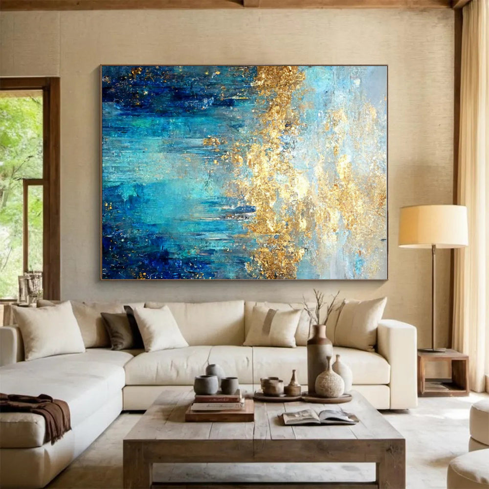Hand Painted Art Teal, Gold, and Blue Abstract Landscape HS658
