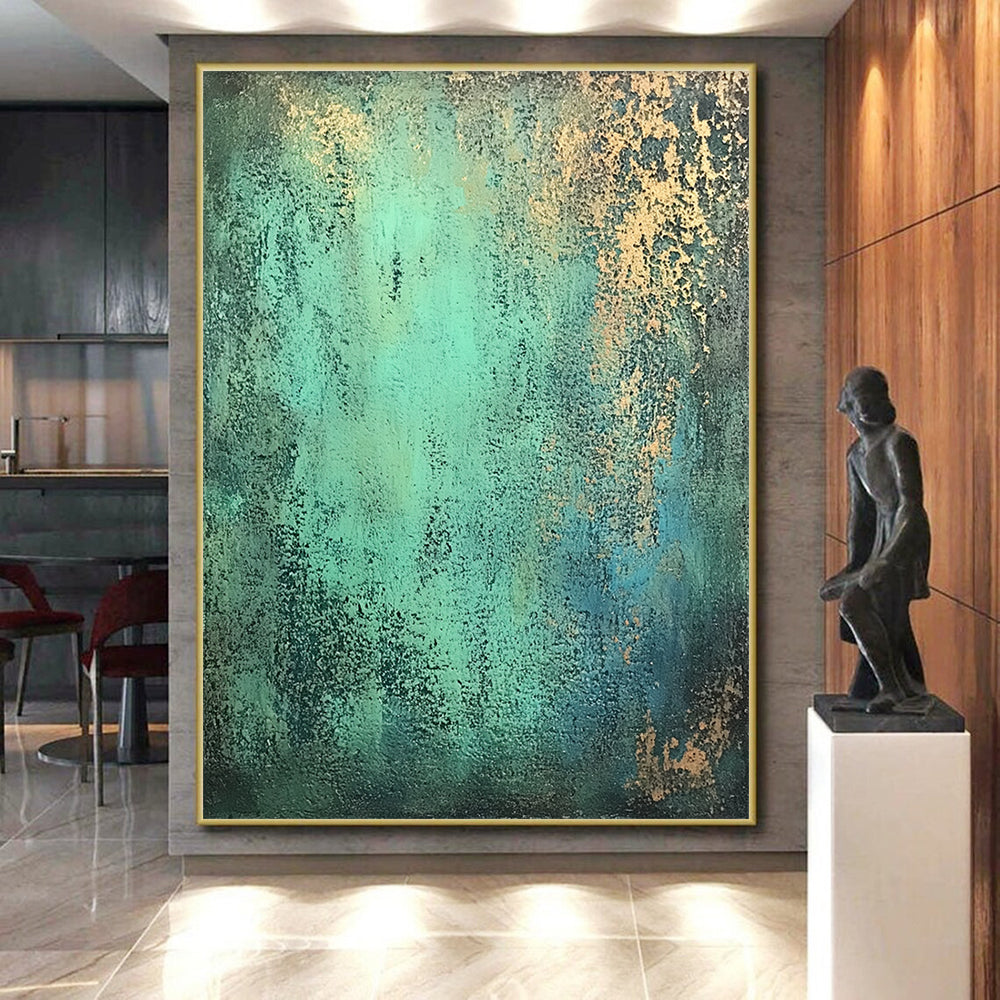 Modern Art Acrylic Teal and Gold Patina Abstract Painting HS178
