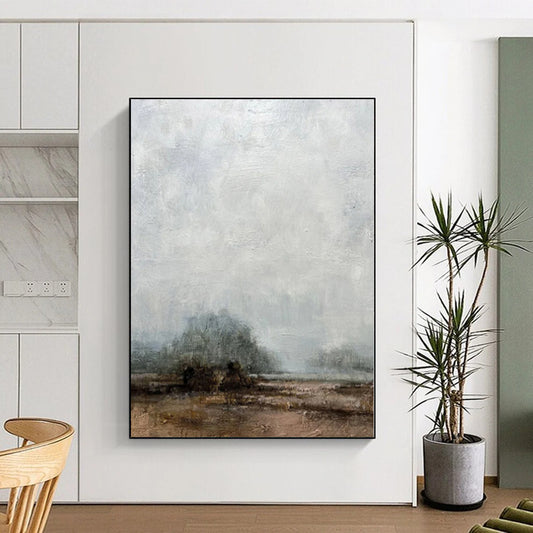 Hand-Painted Gray and Brown Abstract Misty Landscape Painting For Sale HS081