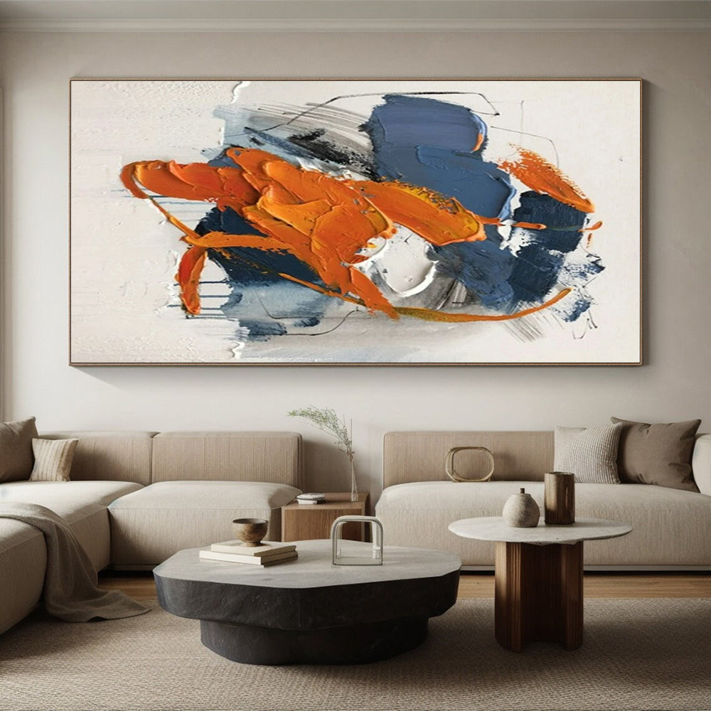 Hand Painted Art Large Size Acrylic Modern Art Paintings with Orange, Blue, Gray Dynamic Shapes - Oversized Abstract Wall Art HS523