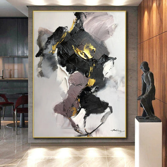Oversized Abstract Wall Art with Black, Gray, White and Gold Colors, Energetic Abstract Theme HS476