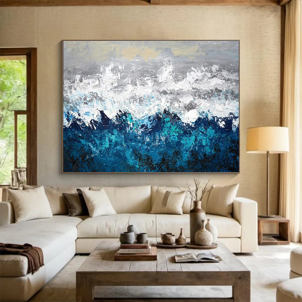 Contemporary Abstract Art: Blue Grey and White Textured Wave Abstract Painting WB370