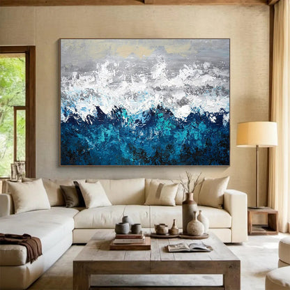 Contemporary Abstract Art: Blue Grey and White Textured Wave Abstract Painting WB370