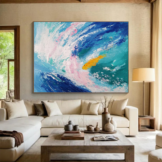 Extra Large Size Blue, Pink, and Yellow Abstract Ocean with Fish - Acrylic Painting WB289