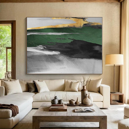Handmade Art Oversized Abstract Wall Art with Green, Black, Gray, Gold Textured Brushstrokes - Acrylic Modern Art Painting HS536