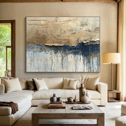 Extra Large Size Beige, Navy, and Gray Textured Abstract Art - Acrylic Painting WB281