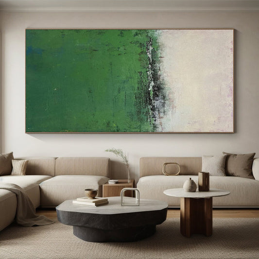 Hand-Painted Minimalist Canvas Art with Green, Gray, Beige Textured Fields - Acrylic Modern Art Painting HS539