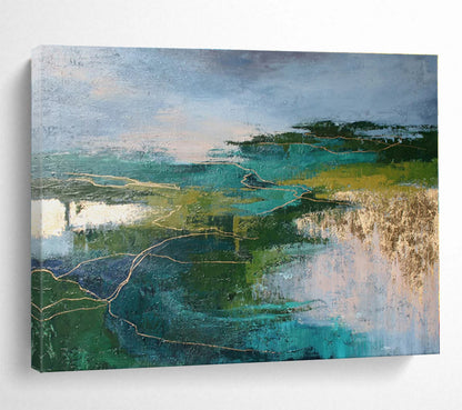 Green, Teal, Gold Abstract Landscape Painting – Textured Acrylic Art WB043