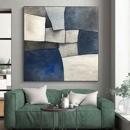 Hand Painted Art Blue, Gray, and White Abstract Shape Painting For Sale HS139